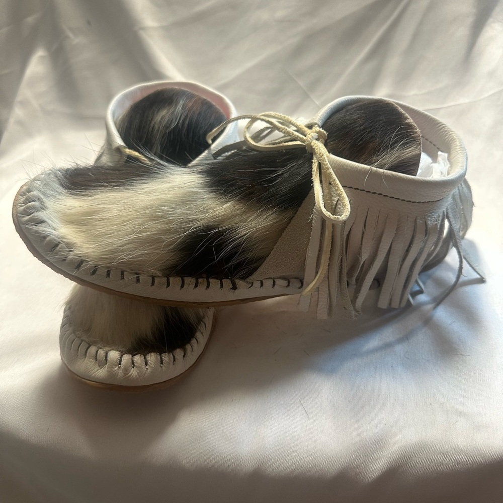Women’s Broncy Donkey White Fringe Moccasin with Black & White Cowhide